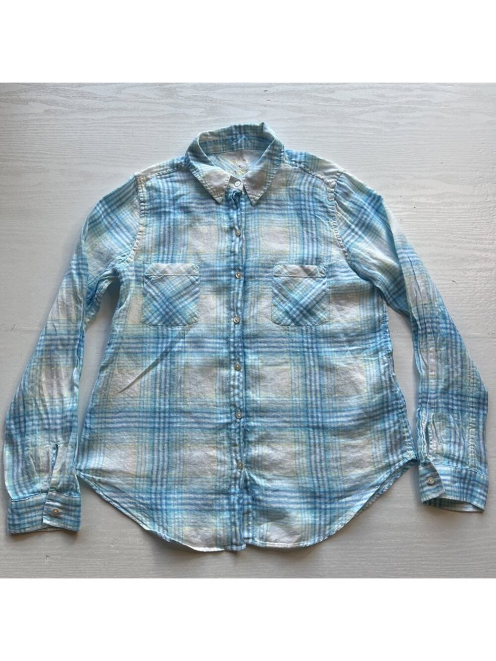 Lilly Pulitzer 100% Linen Button Down Shirt Womens S Beach Day Plaid Sea View